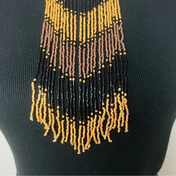 Handmade Artisan Ombre Seed Bead Necklace Bohemian Fringe Black/Brown/Yellow ✨🤎 - Picture 4 of 8